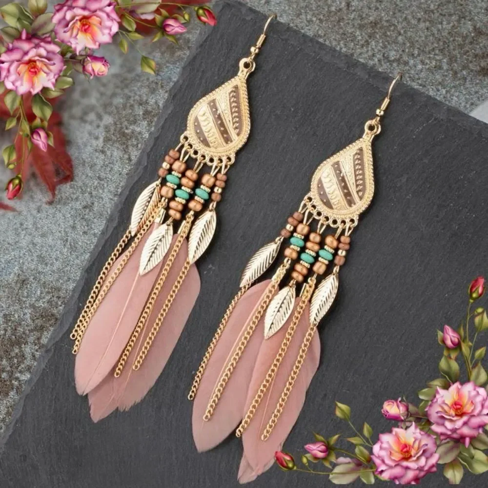 Vintage Style Feather Tassel Earrings‎ with Stainless Steel studs